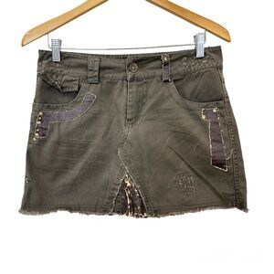 MUR MUR Green Khaki Distressed Leather‎ Trim Mini Skirt Women’s Sz Small